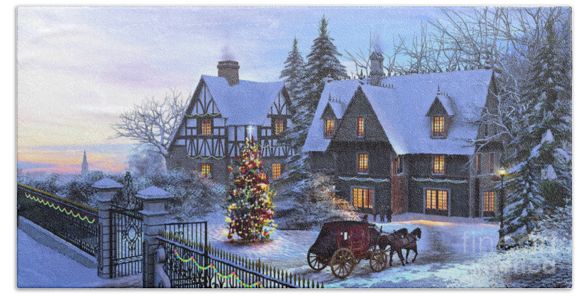 Cottage Bath Sheet featuring the painting Christmas Homecoming by MGL Meiklejohn Graphics Licensing