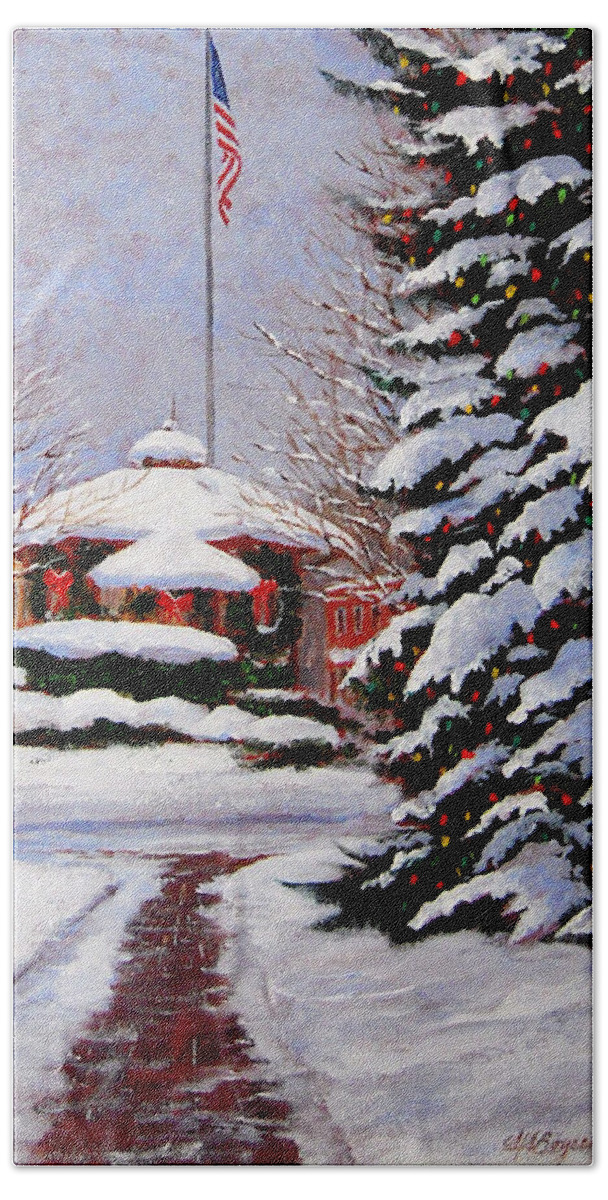 Chagrin Falls Bath Towel featuring the painting Christmas in Chagrin Falls by Maryann Boysen