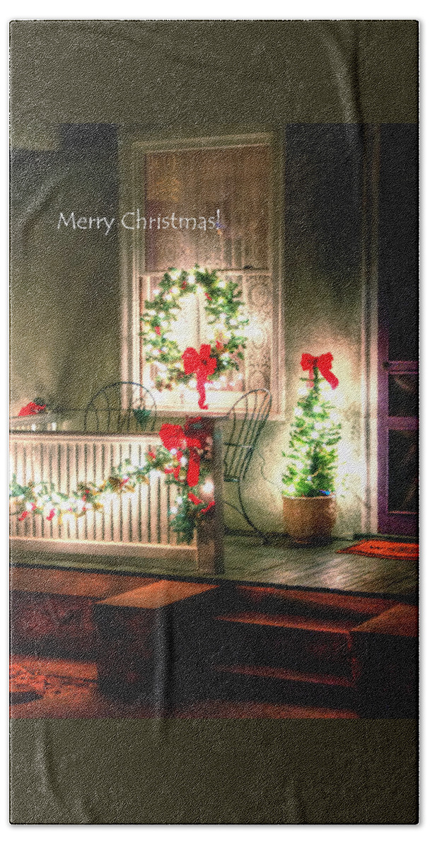 Merry Hand Towel featuring the photograph Christmas Porch by Jerry Sodorff