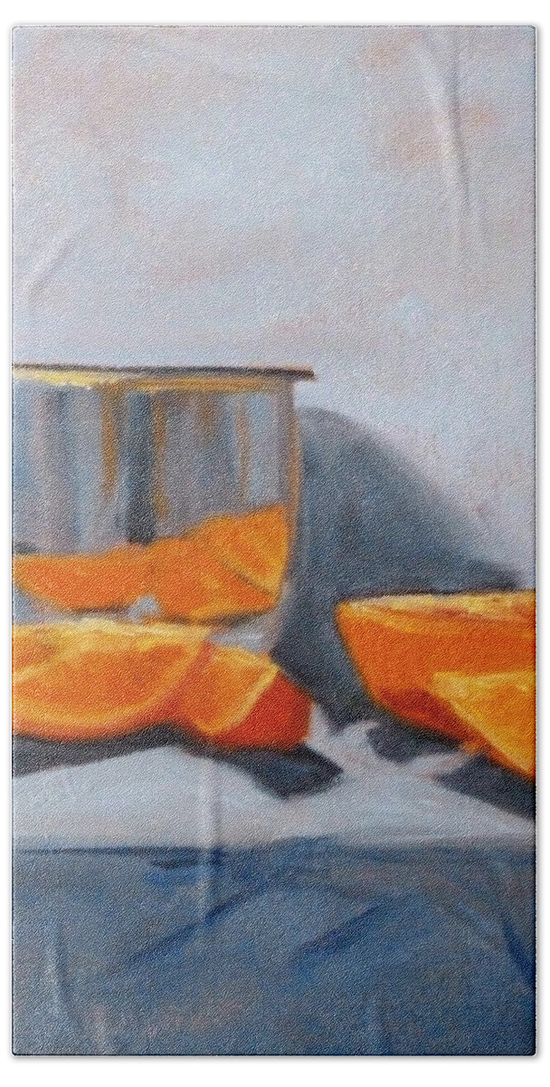 Orange Bath Towel featuring the painting Chrome and Oranges by Nancy Merkle