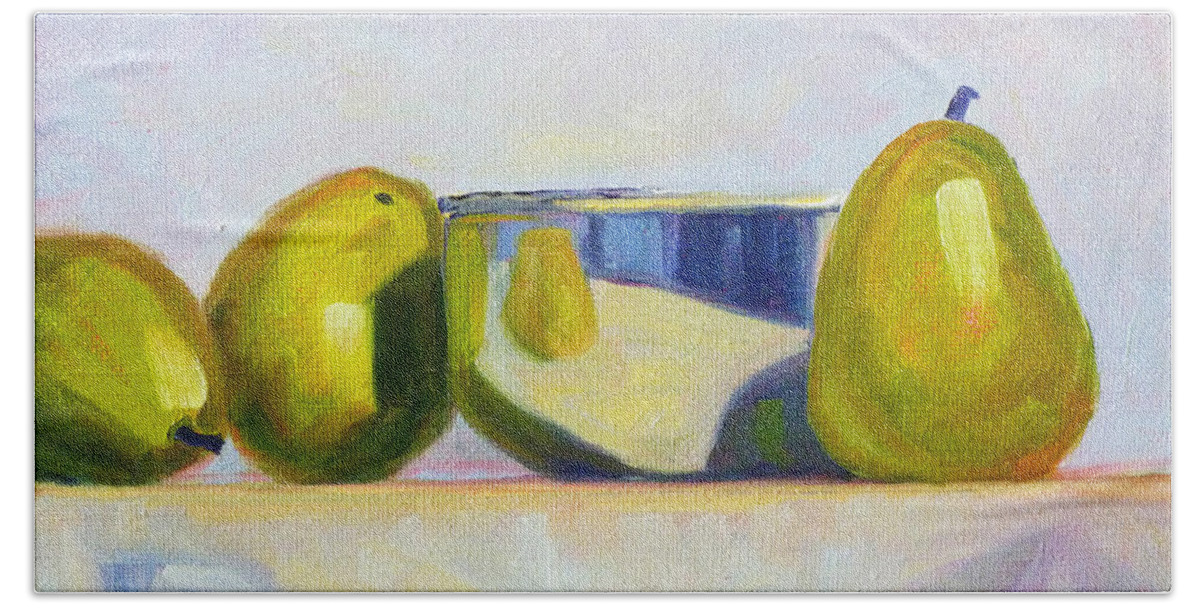 Pear Bath Towel featuring the painting Chrome and Pears by Nancy Merkle