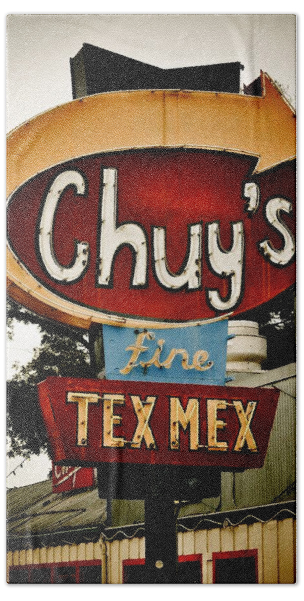 Chuy's Hand Towel featuring the photograph Chuy's Sign 2 by Kristina Deane