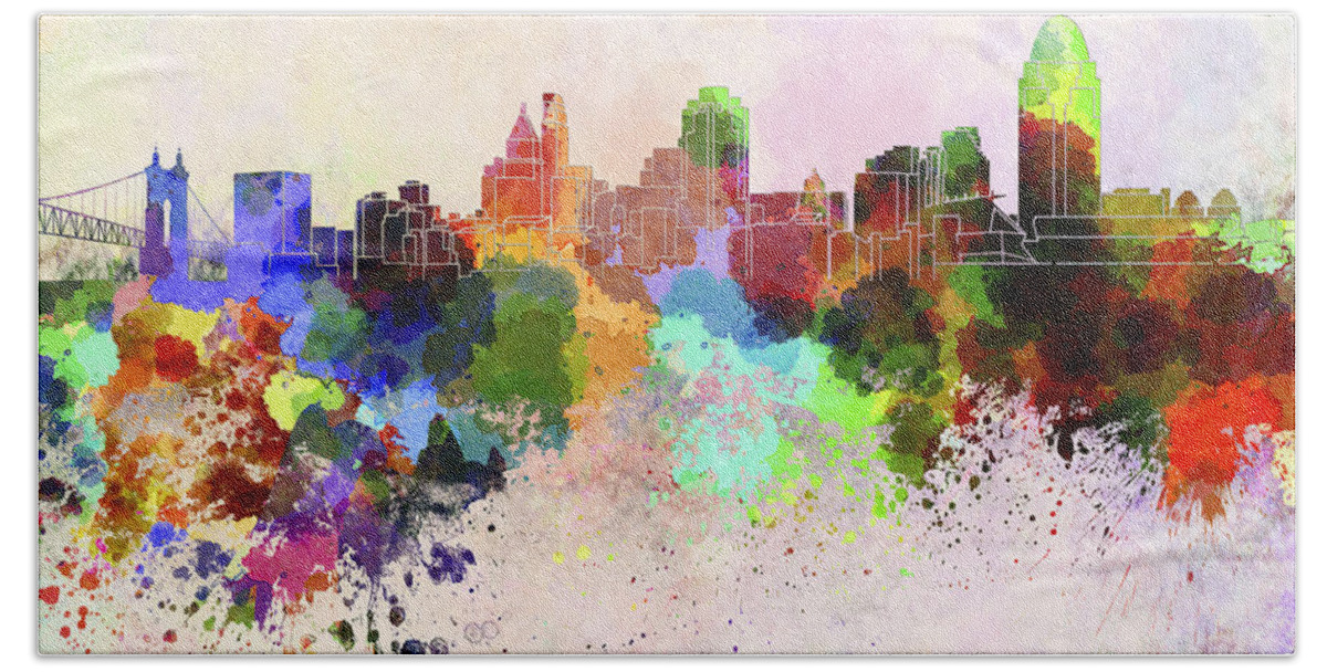 Cincinnati Skyline Hand Towel featuring the digital art Cincinnati skyline in watercolor background by Pablo Romero