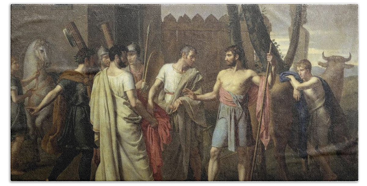 Cincinnatus Abandons The Plow Bath Towel featuring the painting Cincinnatus Abandons the Plow by Juan Antonio Ribera
