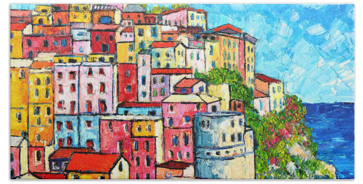 Manarola Hand Towel featuring the painting Cinque Terre Italy Manarola Colorful Houses by Ana Maria Edulescu
