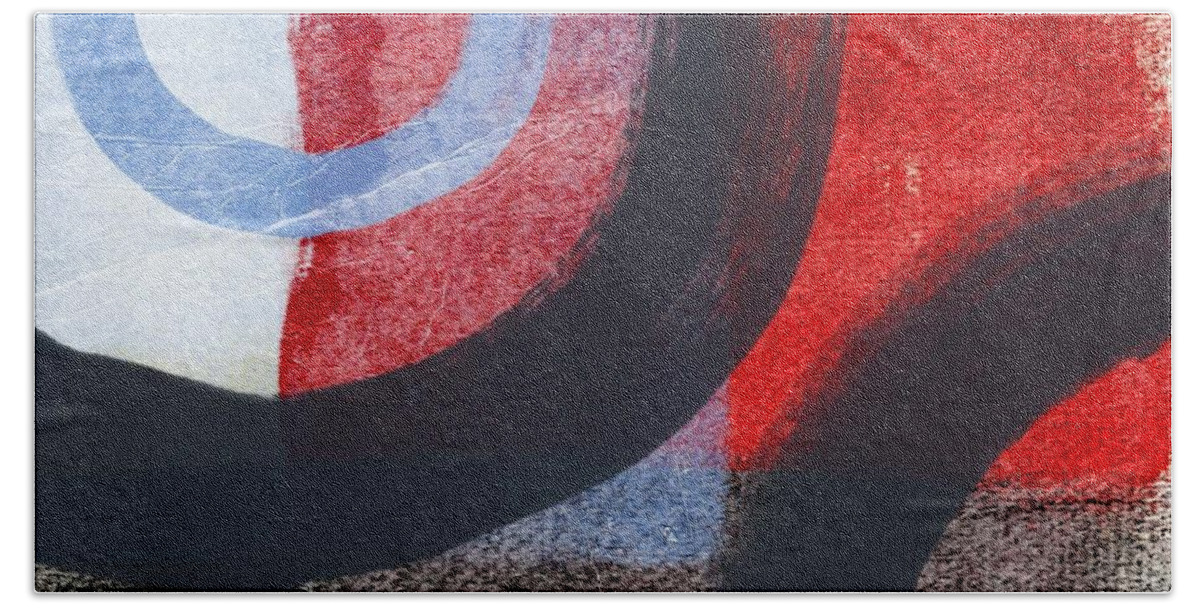 Circles Abstract Blue Red White Grey Gray Black Tan Brown Painting Shapes Geometric Abstract Shapes Abstract Circles Contemporary Office Lobby Studio Abstract Circles Art Ocean Sky Textured Abstract Bedroom Living Room Bath Towel featuring the painting Circles 1 by Linda Woods