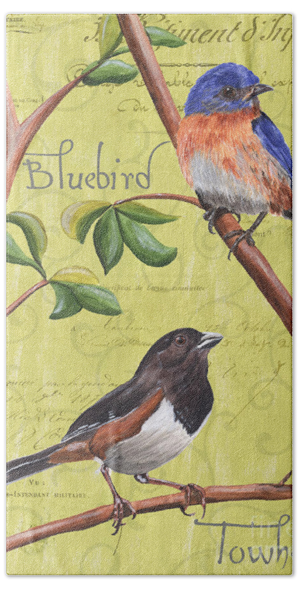 Bird Hand Towel featuring the painting Citron Songbirds 1 by Debbie DeWitt