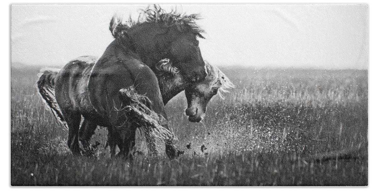 Wild Bath Towel featuring the photograph Clash of Two Wild Stallions by Bob Decker