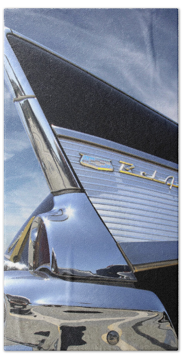 Transportation Bath Towel featuring the photograph Classic Fin - 57 Chevy Belair by Mike McGlothlen