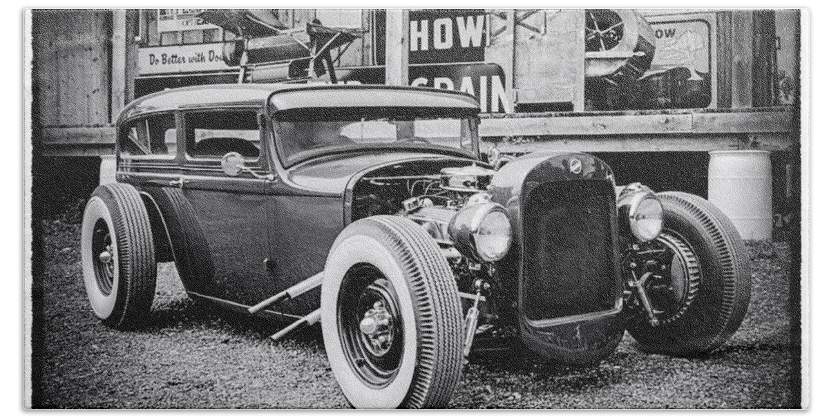 Classic Hot Rod Bath Towel featuring the photograph Classic Hot Rod in Black and White by Thomas Young