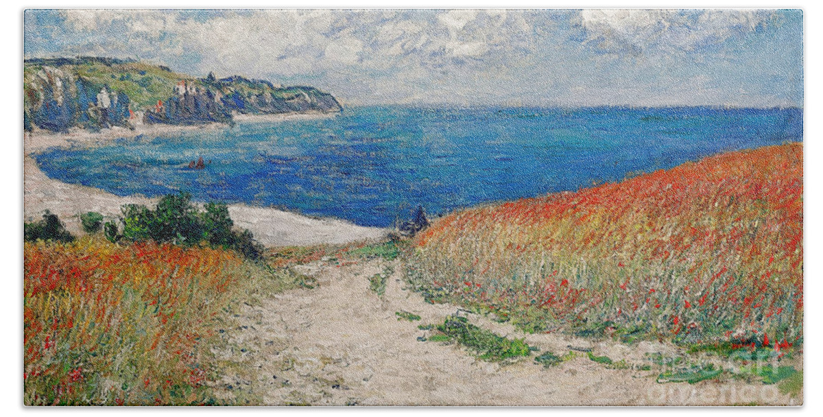 Path In The Wheat At Pourville Bath Towel featuring the mixed media Claude Monet's Path in the Wheat Fields at Pourville-1882 by Doc Braham