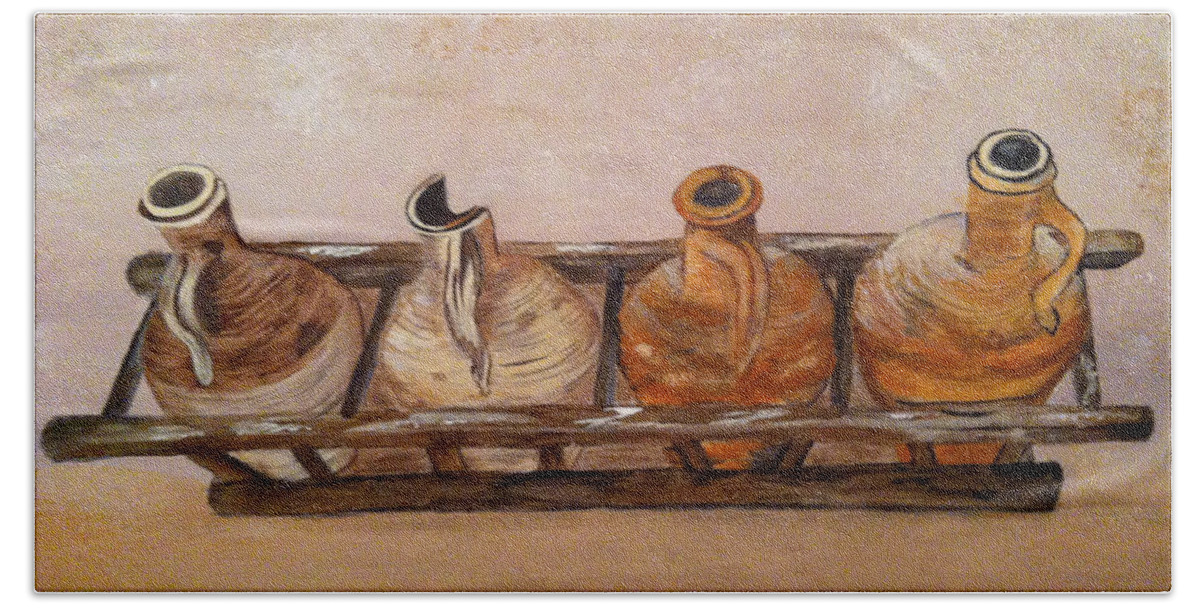 Mediterranean Hand Towel featuring the painting Clay Jugs in a Row by Brenda Brown