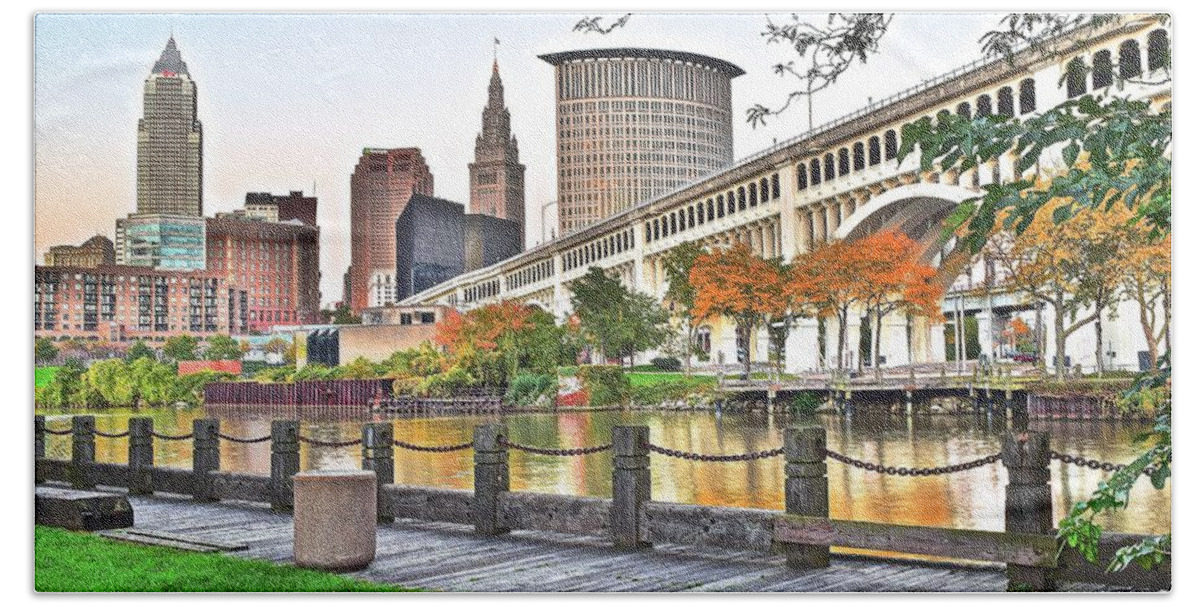 Panoramic Hand Towel featuring the photograph Cleveland Panorama Over The Cuyahoga by Frozen in Time Fine Art Photography