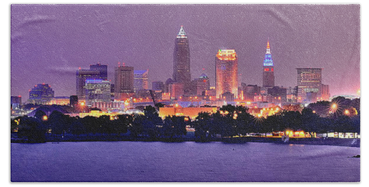 Cleveland Skyline Hand Towel featuring the photograph Cleveland Skyline at Night Evening Panorama by Jon Holiday
