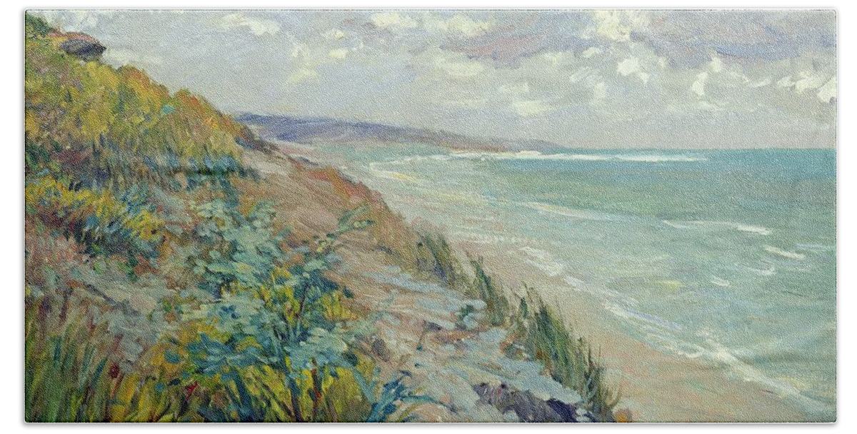 Beach Bath Sheet featuring the painting Cliffs by the sea at Trouville by Gustave Caillebotte