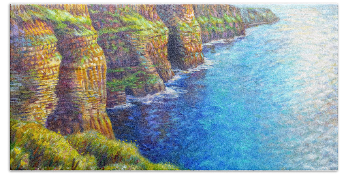 Oil Painting Bath Towel featuring the painting Cliffs of Moher by Nancy Tilles