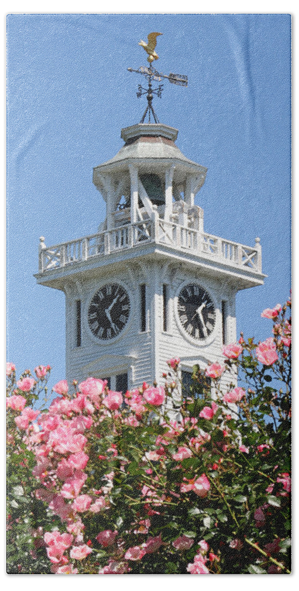 Clock Hand Towel featuring the photograph Clock Tower and Roses by William Selander