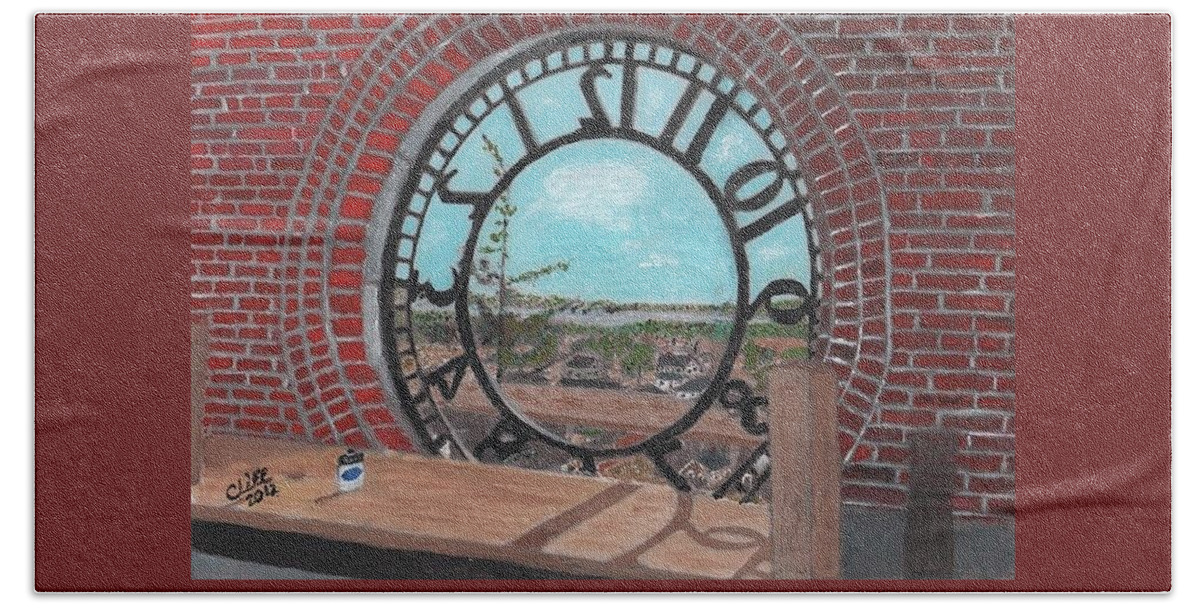 Red Hand Towel featuring the painting Clocktown by Cliff Wilson