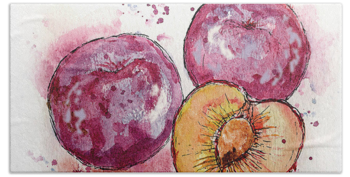 Art Bath Towel featuring the painting Close Up Of Three Plums by Ikon Ikon Images