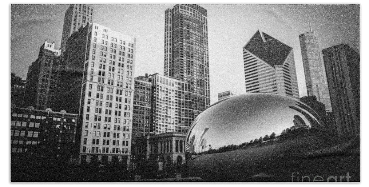 America Hand Towel featuring the photograph Cloud Gate Bean Chicago Skyline in Black and White by Paul Velgos