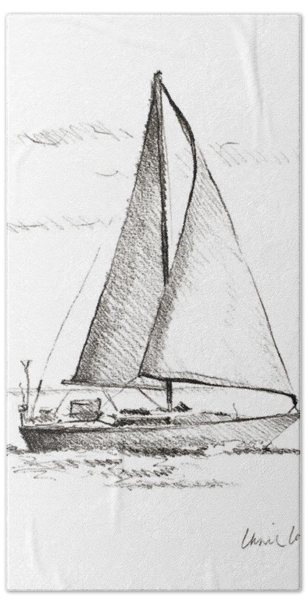Coastal Hand Towel featuring the drawing Coastal Boat Sketch I by Lanie Loreth