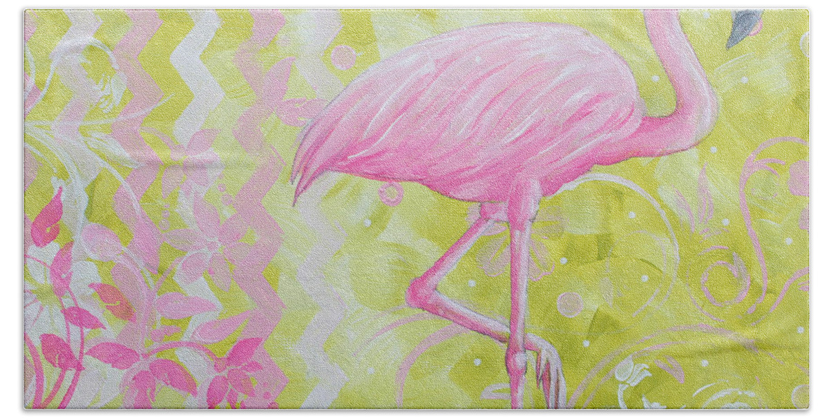 Coastal Decorative Pink Green Floral Chevron Pattern Art Flamingo