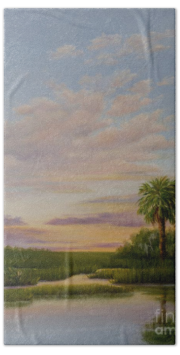 Coastal Marsh At Sunset Bath Sheet featuring the painting Coastal Sunset by Audrey McLeod