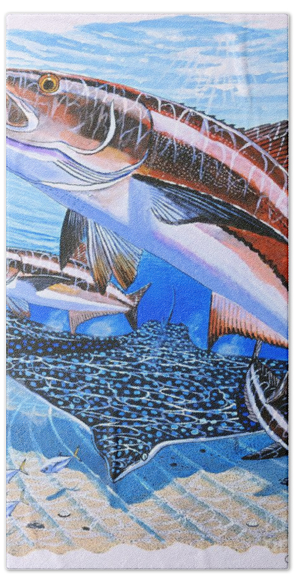 Cobia Hand Towel featuring the painting Cobia on Rays by Carey Chen