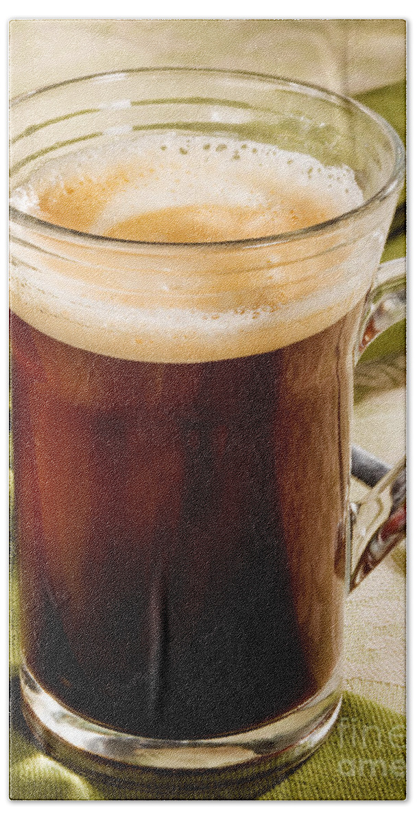 Coffee Bath Sheet featuring the photograph Coffe in tall Glass on Green by Iris Richardson