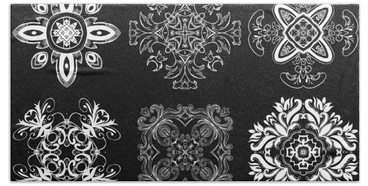 Intricate Bath Towel featuring the digital art Coffee Flowers Ornate Medallions BW 6 Peice Collage by Angelina Tamez