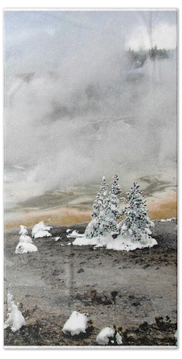 Hoarfrost On Trees Hand Towel featuring the photograph Norris Geyser Basin Cold and Hot Trees by Kae Cheatham