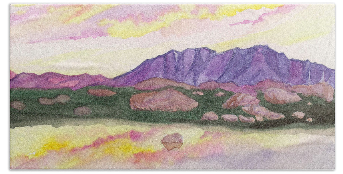 Landscape Colorado Rocky Mountains Rocks Lake Reflection Mountain Meadow Purple Yellow Bath Towel featuring the painting Colorado Reflections by Brenda Salamone