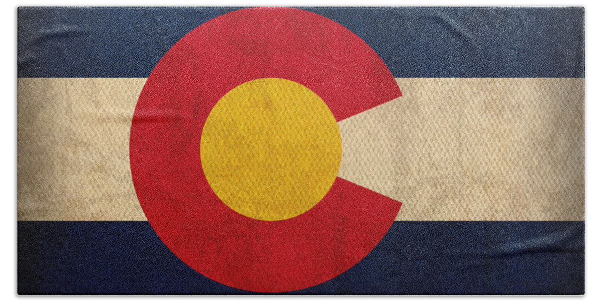 Colorado State Flag Art On Worn Canvas Bath Sheet featuring the mixed media Colorado State Flag Art on Worn Canvas by Design Turnpike