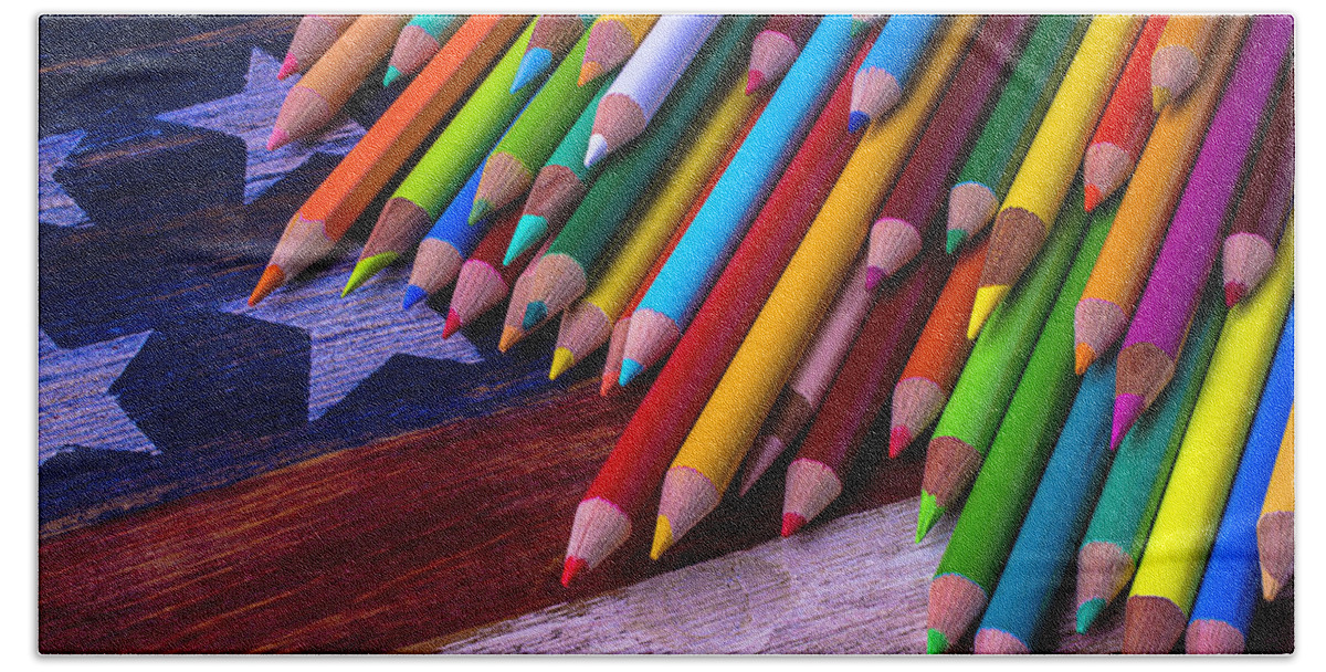 Colored Bath Towel featuring the photograph Colored Pencils On Wooden Flag by Garry Gay