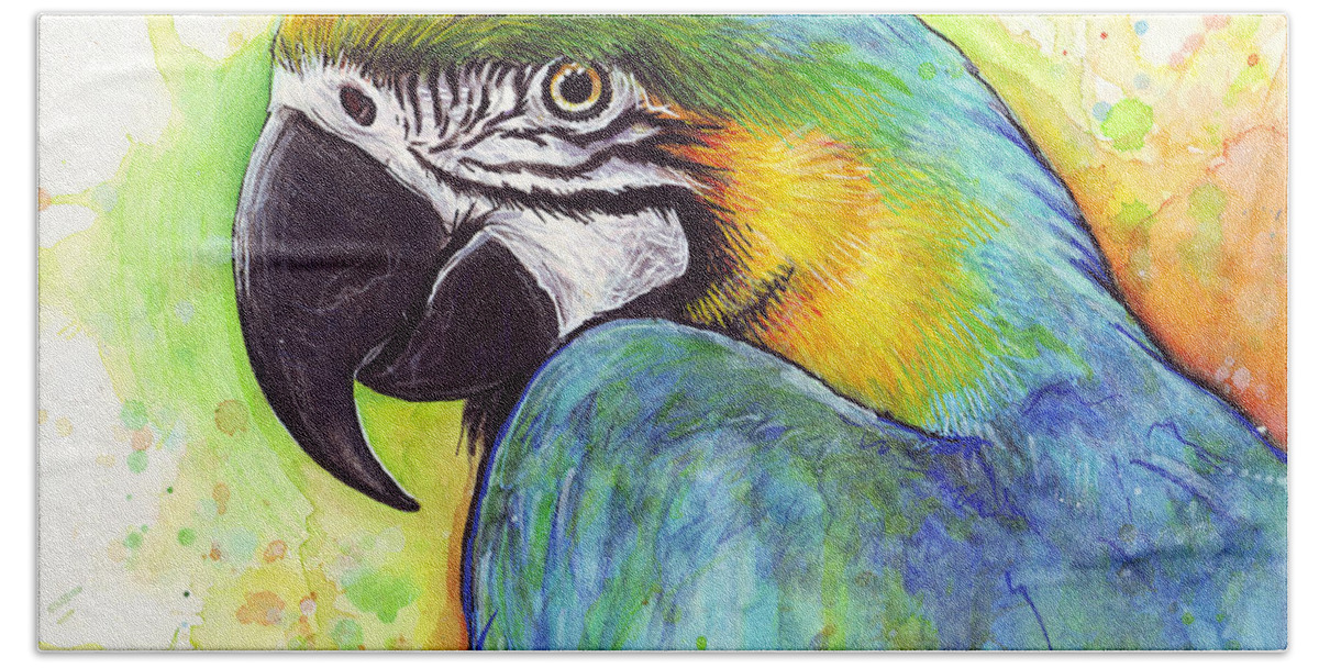 Watercolor Painting Hand Towel featuring the painting Macaw Watercolor by Olga Shvartsur