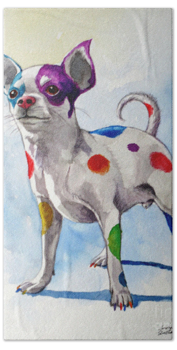 Chihuahua Bath Towel featuring the painting Colorful Dalmatian Chihuahua by Christopher Shellhammer