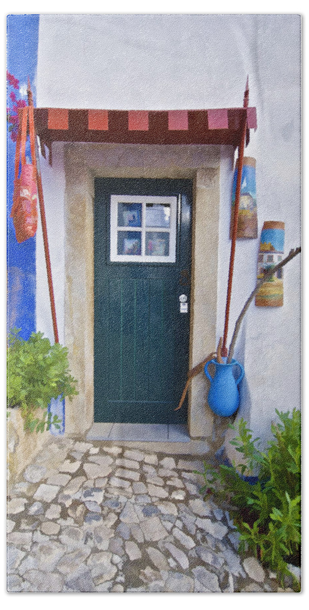 Obidos Bath Towel featuring the photograph Colorful Door of Obidos by David Letts