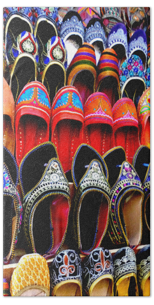 Colourful Footwear Bath Towel featuring the photograph Colorful Footwear Juttis For Sale Jaipur Rajasthan India by Sue Jacobi