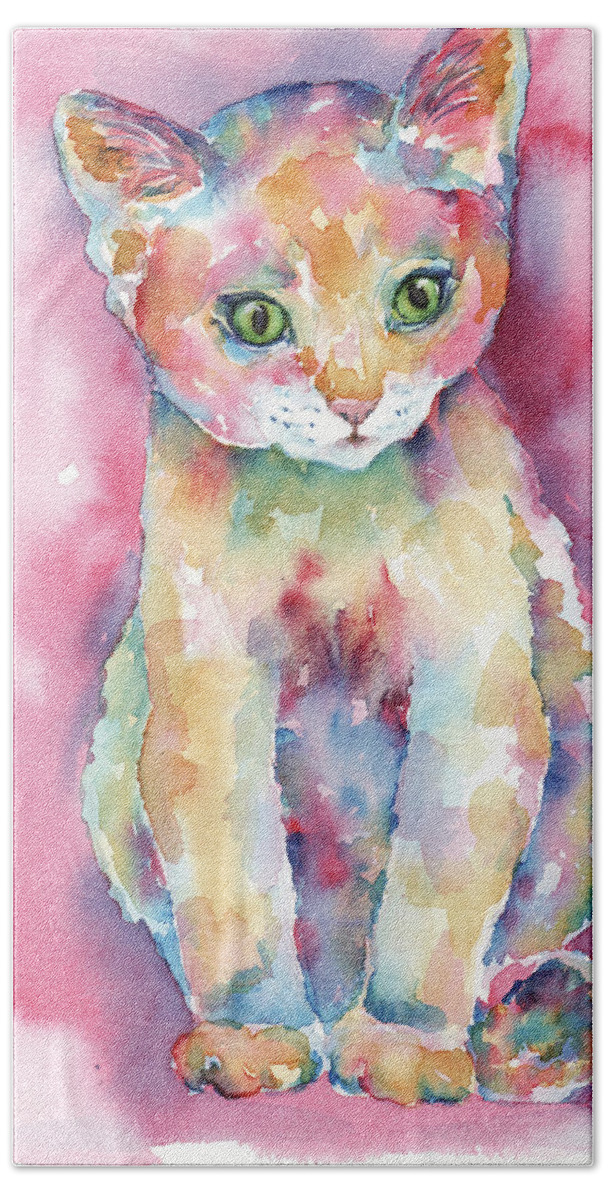 Cat Painting Hand Towel featuring the painting Colorful Kitten by Greg and Linda Halom