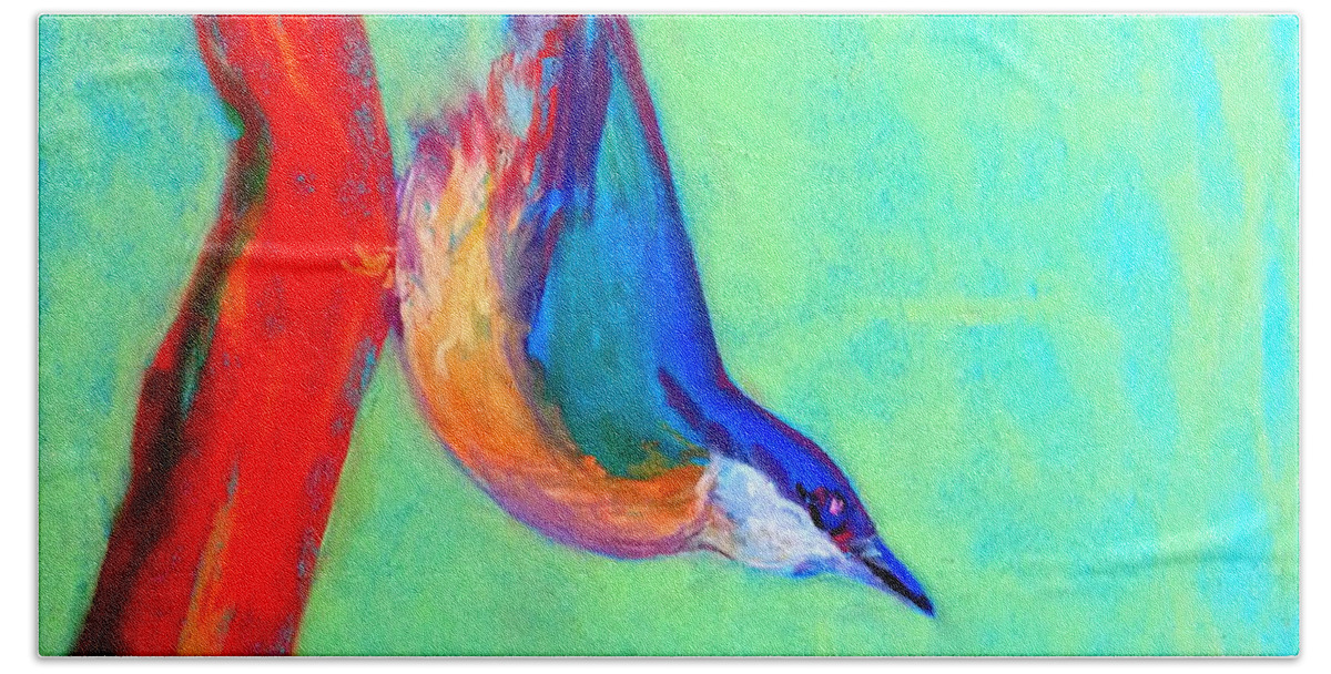Bird Nuthatch Nut-hatch Colorful Whimsical Quirky Decorative Colourful Bright Vibrant Pastel Soft Pastels Soft-pastels Painting Pretty Unique Style Bold Strokes Birdie Birds Birdies Heart-warming Cute Child's-room Childs Child's Room Vivid Drawing Sketch Loose Distinctive Funny Fun Blue Green Red Yellow Cheerful Brighten Hand Towel featuring the painting Colorful Nuthatch Bird by Sue Jacobi
