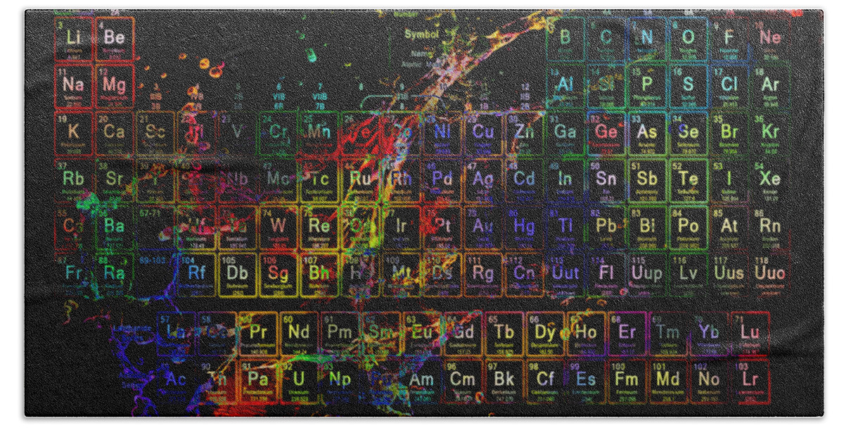 Periodic Table Hand Towel featuring the digital art Colorful periodic table of the elements on black with water splash by Eti Reid