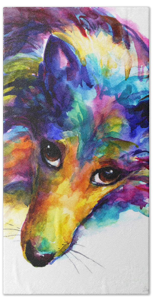 Sheltie Dog Bath Towel featuring the painting Colorful Sheltie Dog portrait by Svetlana Novikova