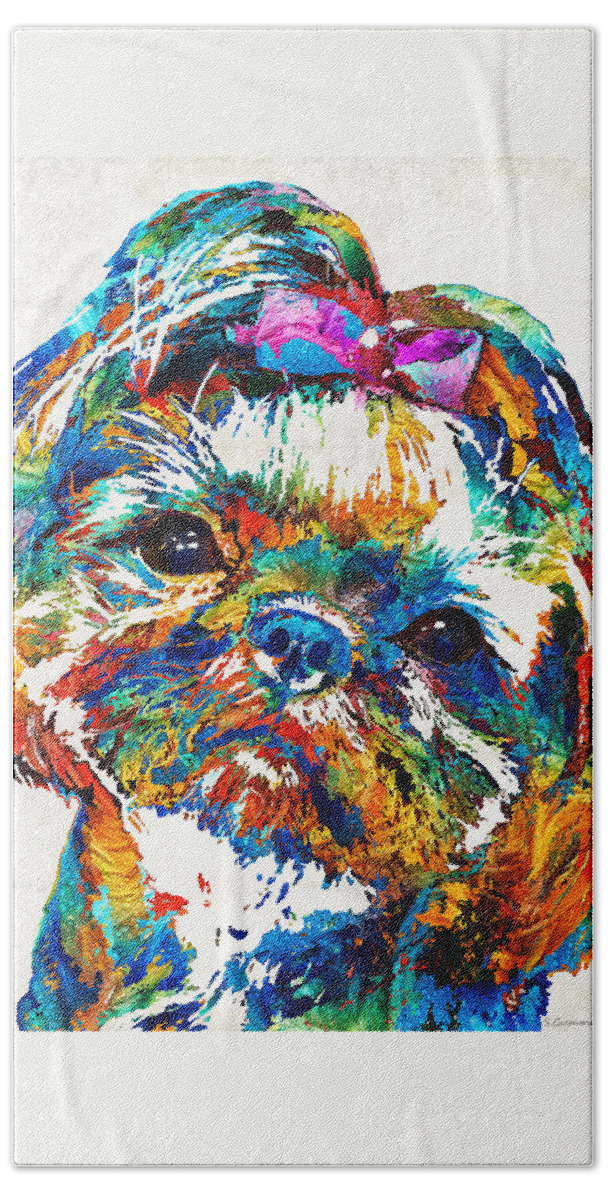 Shih Tzu Bath Towel featuring the painting Colorful Shih Tzu Dog Art by Sharon Cummings by Sharon Cummings