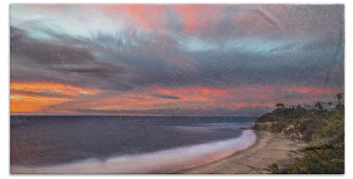 California; Long Exposure; Ocean; Reflection; San Diego; Seascape; Sky; Sunset; Surf; Sun; Clouds; Waves Bath Towel featuring the photograph Colorful Swamis Sunset by Larry Marshall