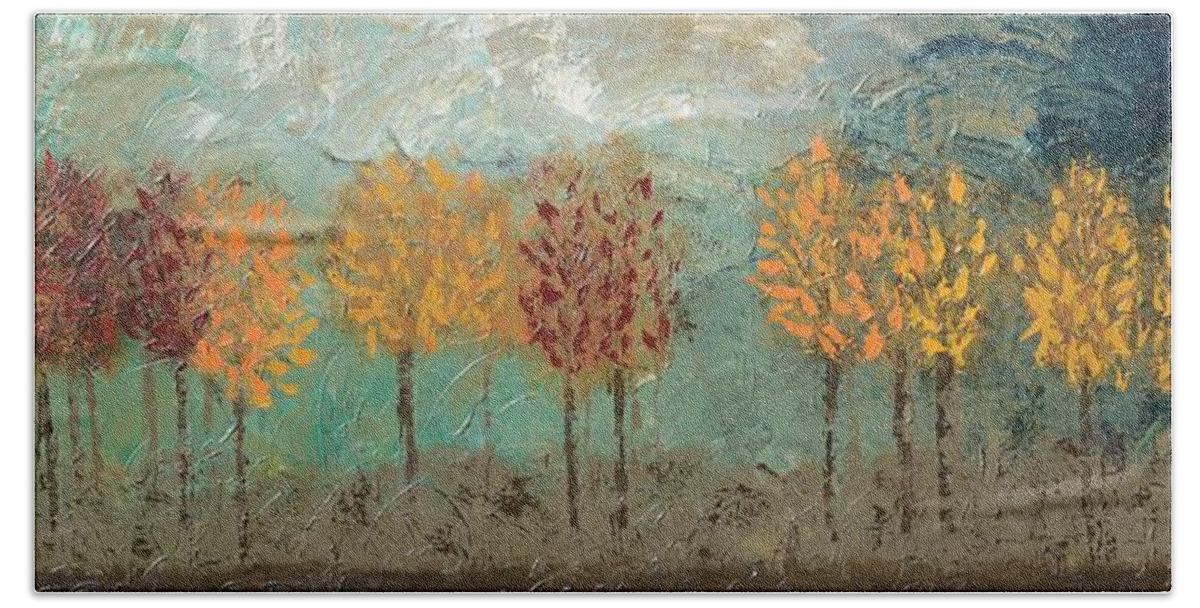 Fall Trees Bath Towel featuring the painting Colorful Trees by Linda Bailey