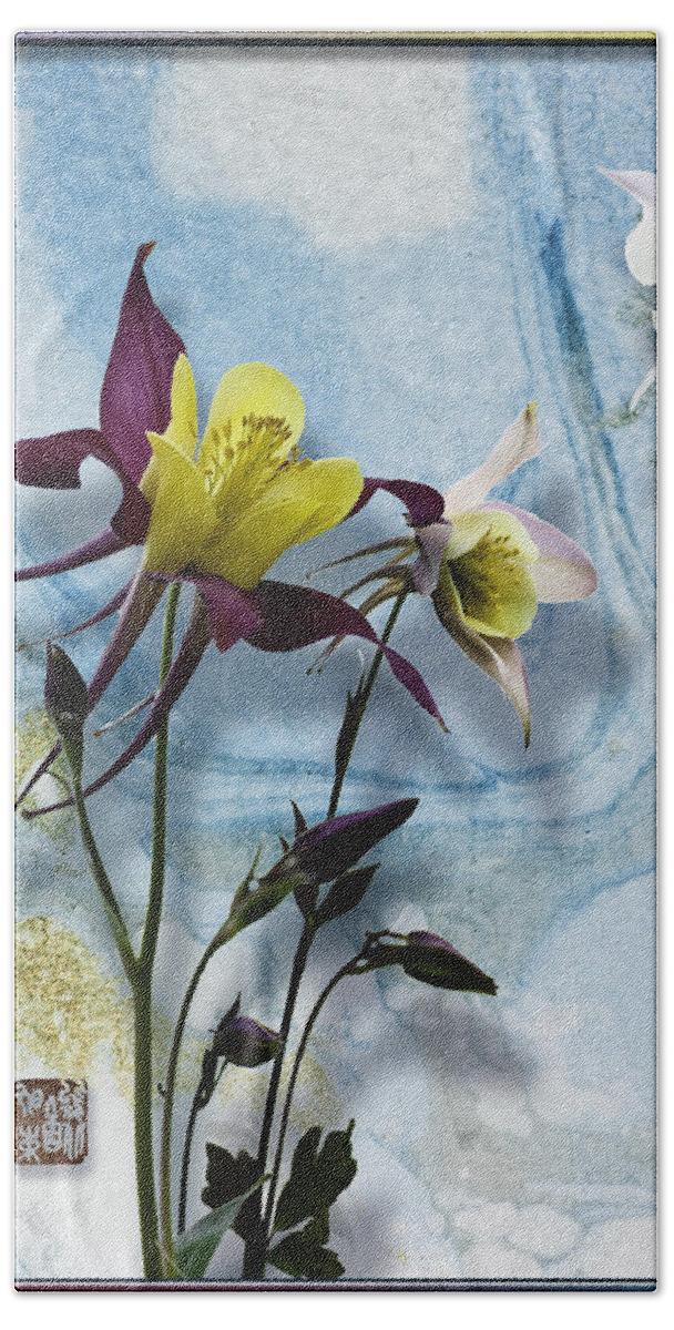 Ink Pigments On Rice Paper Hand Towel featuring the mixed media Columbine blossom with suminagashi ink by Peter V Quenter
