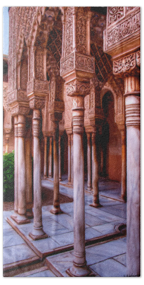 Alhambra Bath Towel featuring the photograph Columns of the Court of the Lions - Painting by Weston Westmoreland