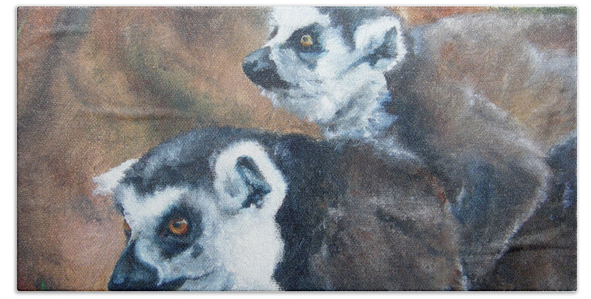 Lemur Bath Towel featuring the painting Come On Come On Theyre Ahead by Lori Brackett