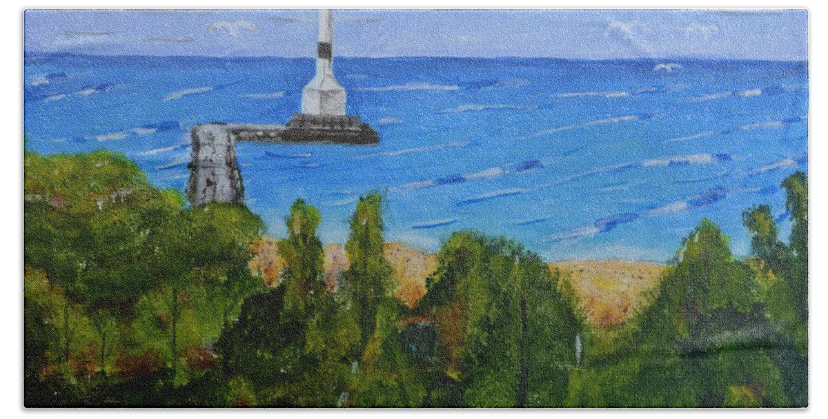Light Hand Towel featuring the painting Summer, Conneaut Ohio Lighthouse by Melvin Turner