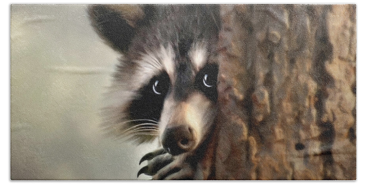 Raccoon Hand Towel featuring the painting Conspicuous Bandit by Christina Rollo